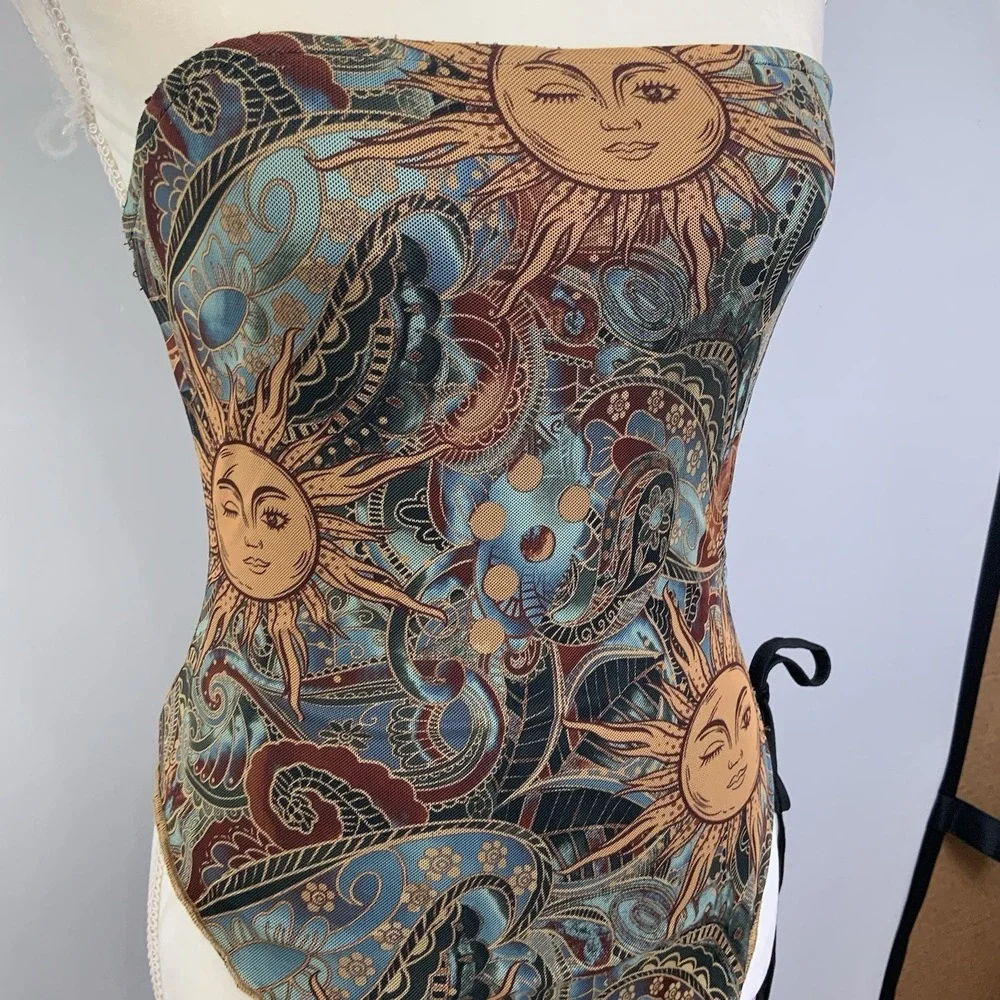 Celestial Sun Paisley Mesh Asymmetrical Ruched Tie Strapless Tube Top Y2K Small - Picture 3 of 6